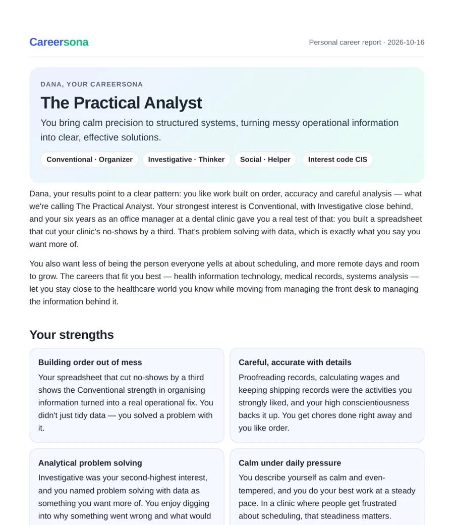 The first page of a sample Careersona report for Dana, a fictional test taker